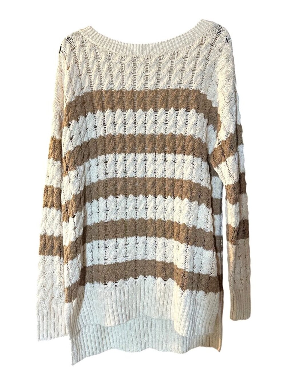 Pilcro Striped Open-Knit Sweater Cable Pattern Neutral Brown & Cream Womens S